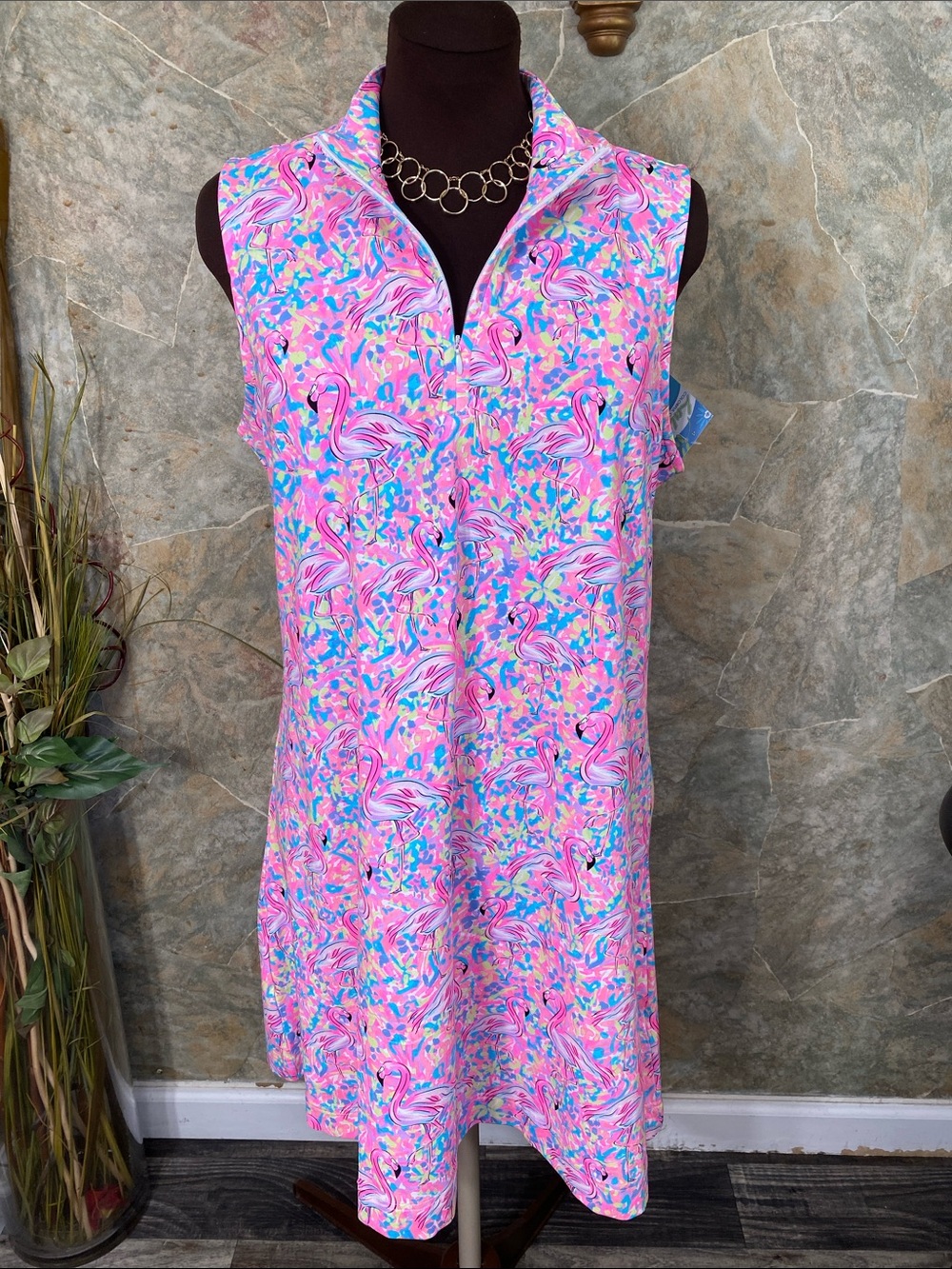Lulu B sleeveless swinging dress three-quarter zip polo collar vibrant flamingo